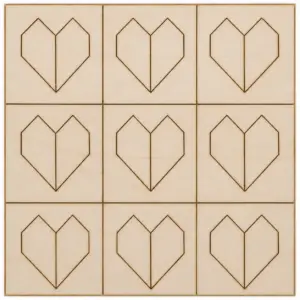 Grid of nine wooden tiles with engraved hearts