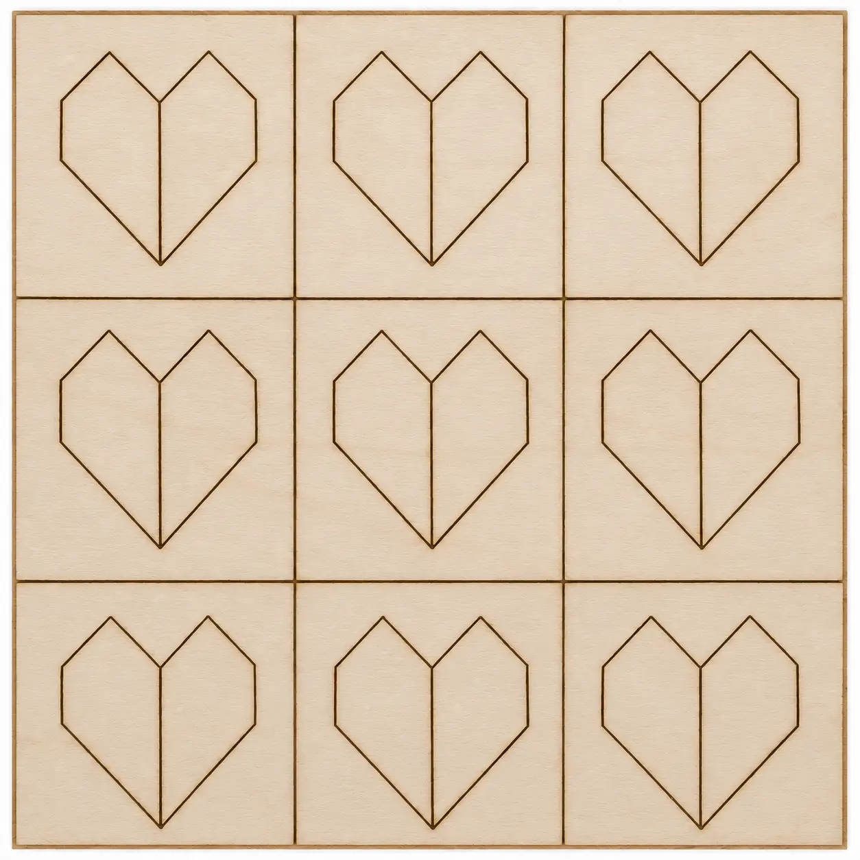 Grid of nine wooden tiles with engraved hearts