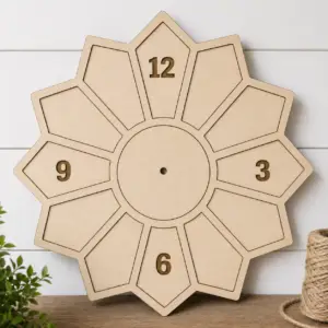 Wooden petal-shaped clock face with numbers