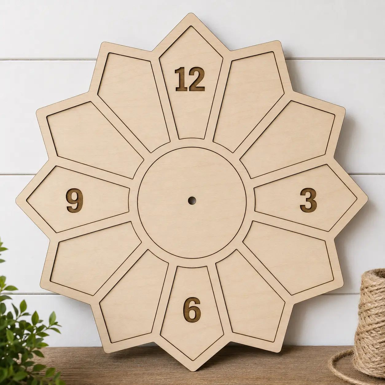 Wooden petal-shaped clock face with numbers
