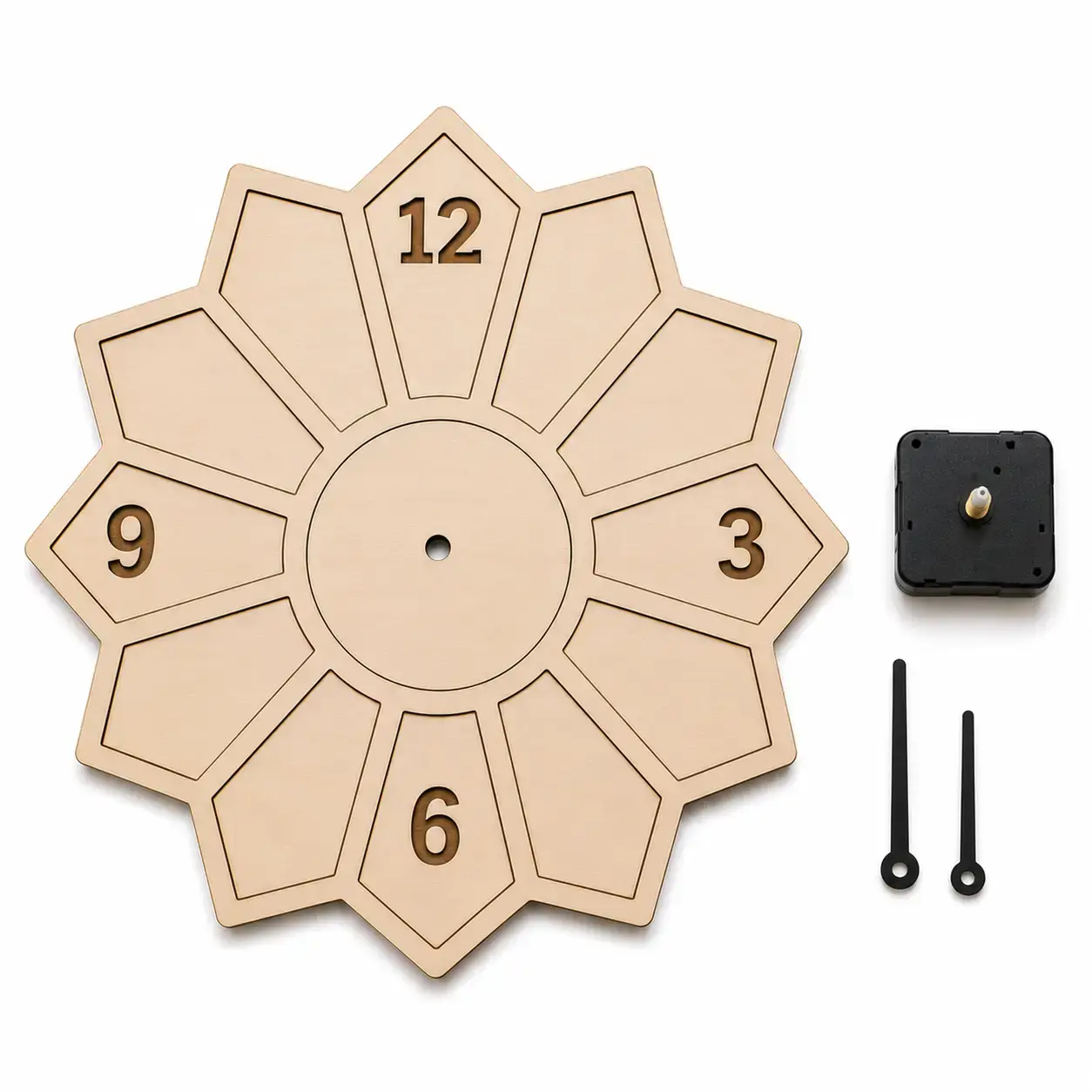 Wooden flower-shaped clock kit with mechanism