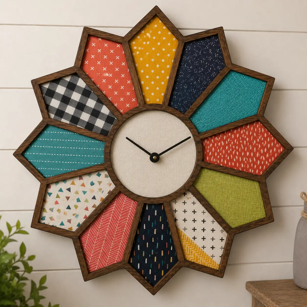 Sunburst wall clock with colorful fabric panels