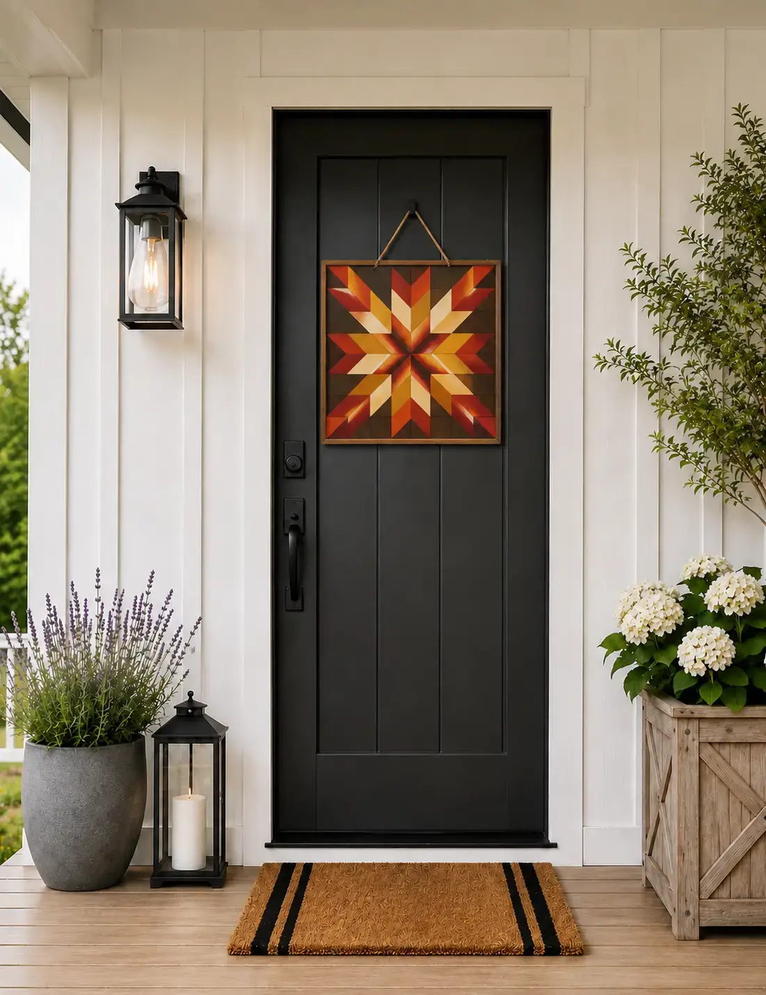 Black front door with star quilt hanging