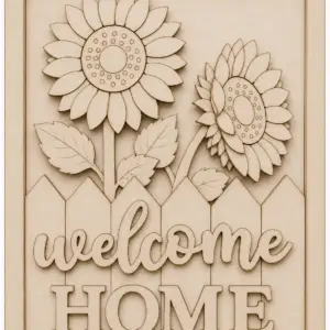 Wooden welcome home sign with sunflowers
