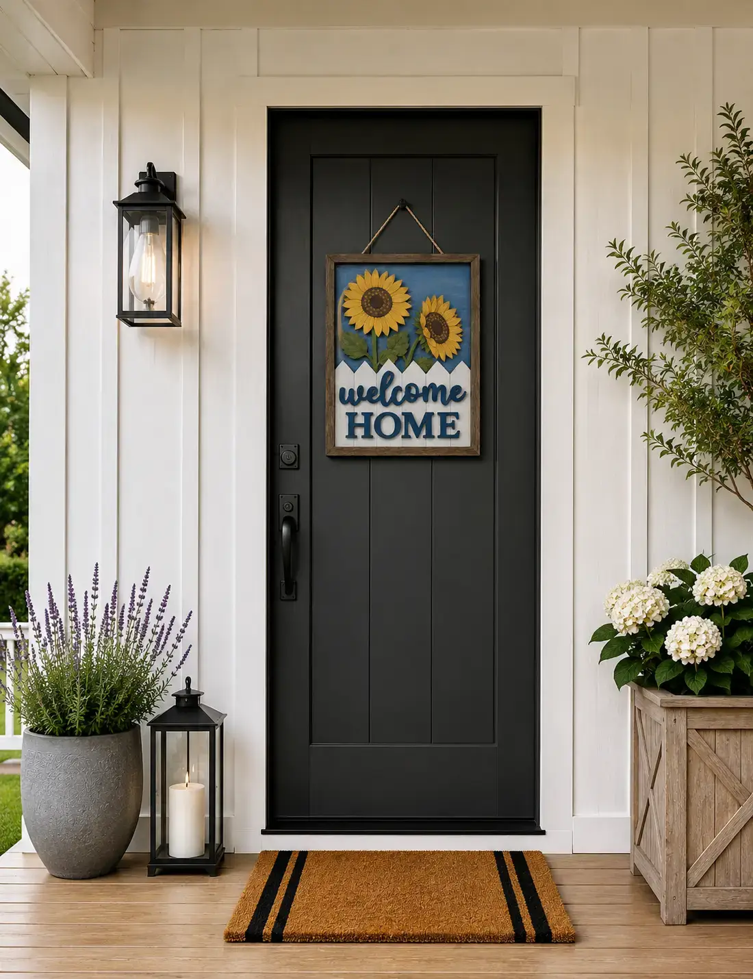 Black door with sunflower Welcome Home sign