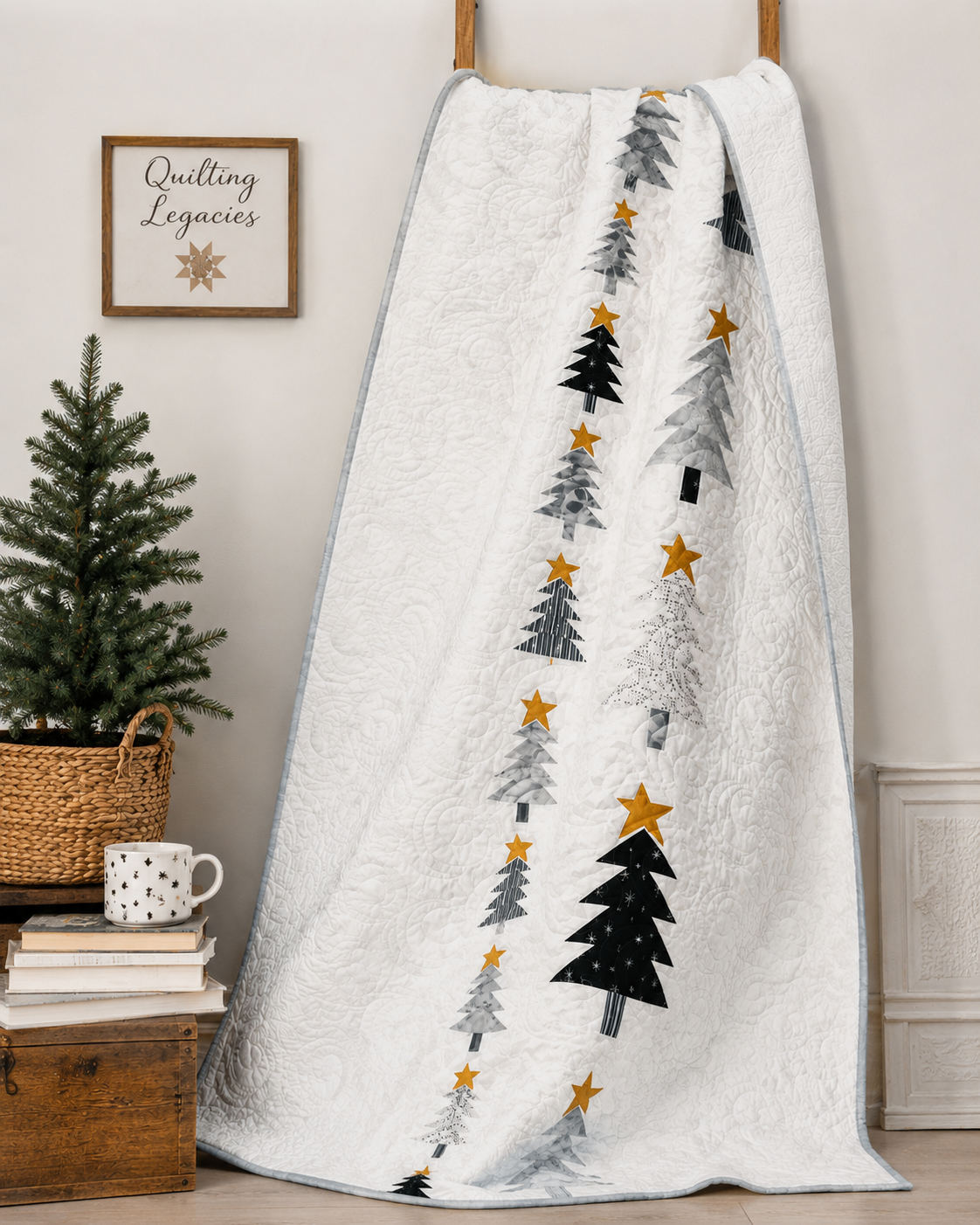 White Christmas quilt with tree and star pattern