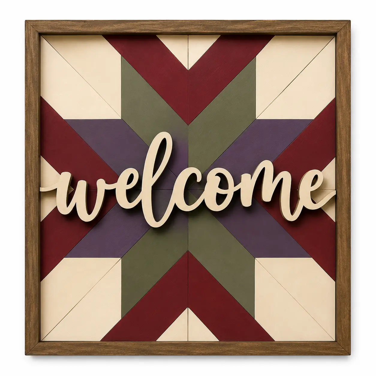 Wooden framed welcome sign with geometric pattern