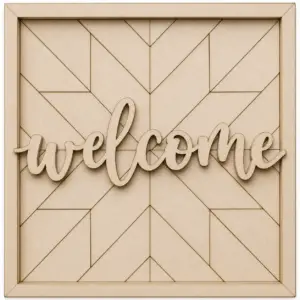 Wooden welcome sign with geometric pattern