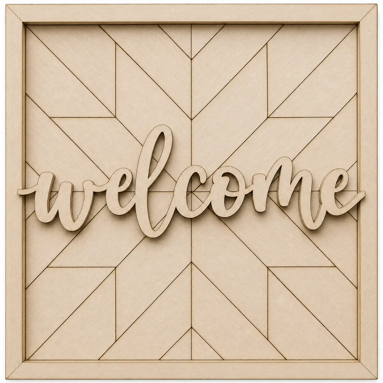 Wooden welcome sign with geometric pattern